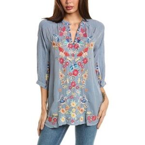 NEW JOHNNY WAS Leona Tunic Blue Fog M L XL Embroidered Women’s Top
